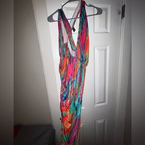 Multi color dress crossed front .